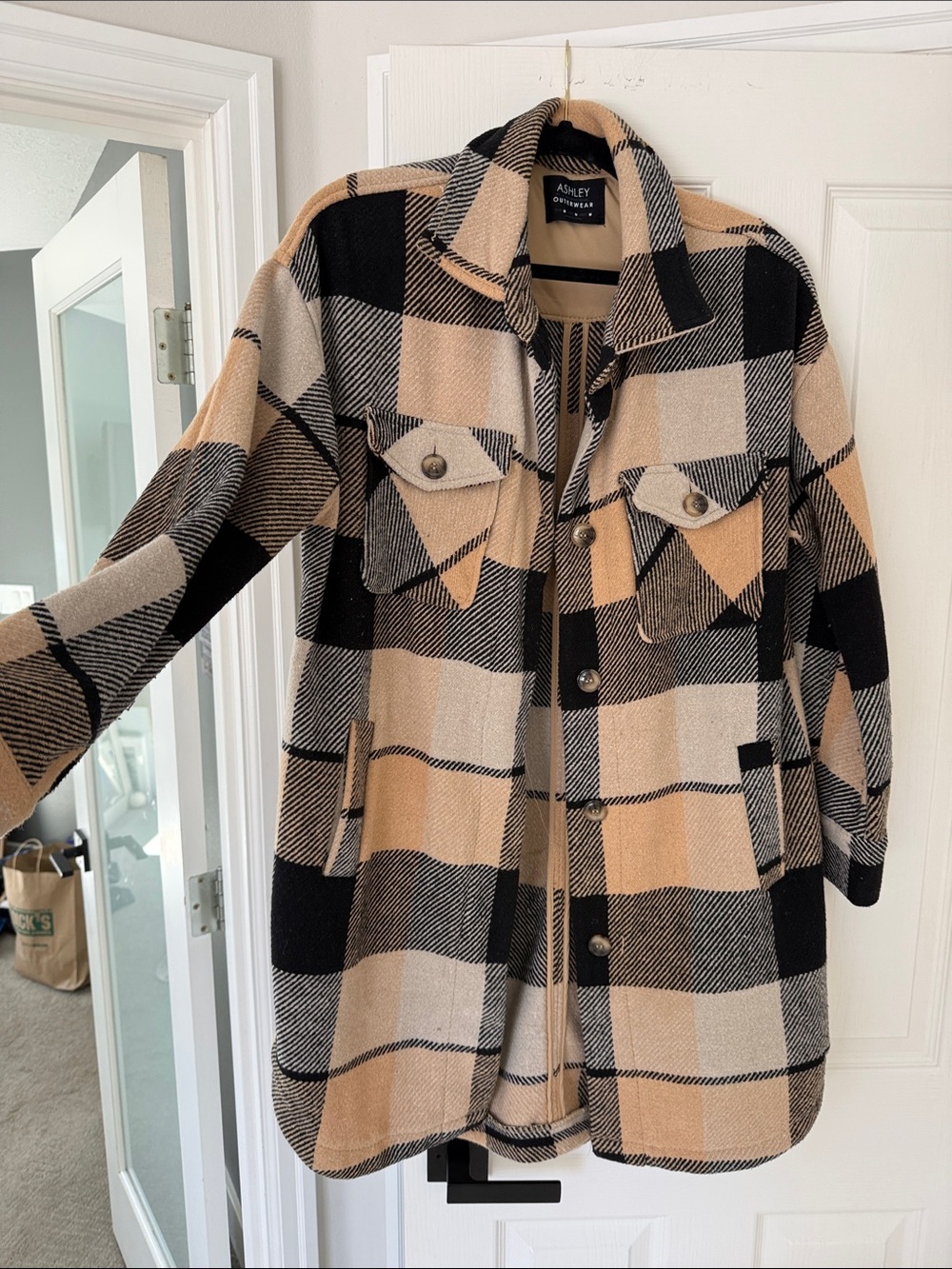 Ashley Stewart Tan Black Plaid Overshirt Jacket